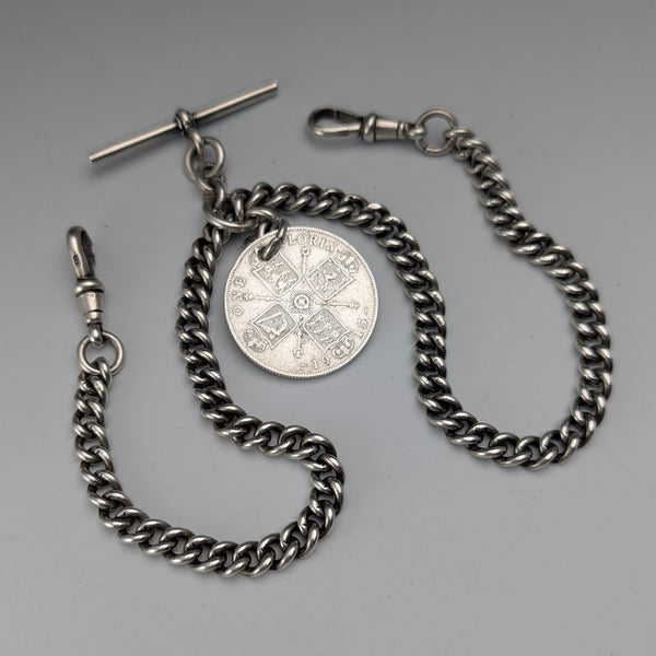 1923年 英国アンティーク 純銀製ダブルアルバートチェーン 56g 1フローリン銀貨フォブ Britton&Sons